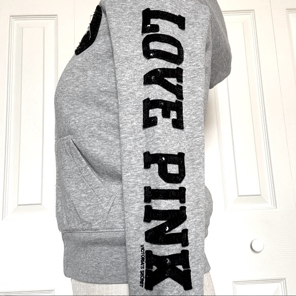 PINK Victoria’s Secret Sherpa Lined Hoodie Sweatshirt Love Pink Bling Size XS - Picture 4 of 8